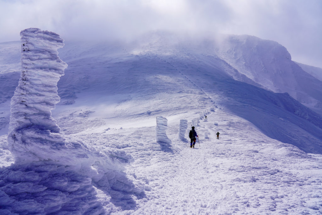 残雪期・蔵王山(熊野岳・刈田岳)・木の柱に沿って行く